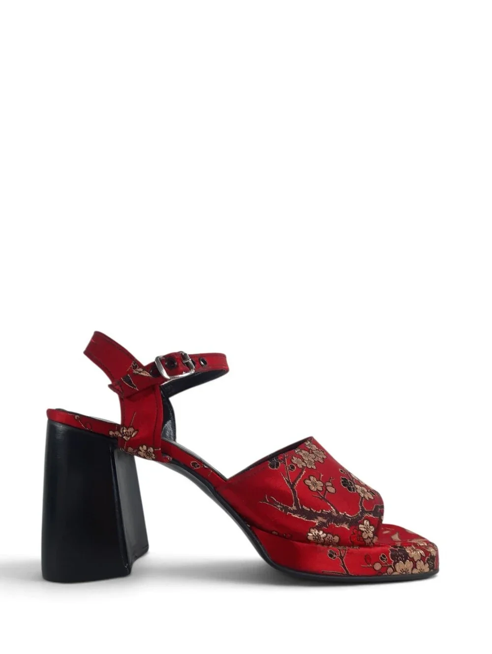 New Y2K GREATER L.A. Platform Heels Sandles Asian Red Satin Floral MCM Vtg 7